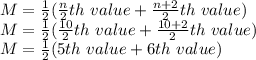 M = \frac{1}{2}(\frac{n}{2}th\ value + \frac{n+2}{2}th\ value})\\M = \frac{1}{2}(\frac{10}{2}th\ value + \frac{10+2}{2}th\ value})\\M = \frac{1}{2}(5th\ value + 6th\ value})\\