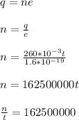 q=ne\\\\n = \frac{q}{e} \\\\n= \frac{260*10^{-3} t}{1.6*10^{-19} } \\\\n= 162500000t\\\\\frac{n}{t} = 162500000