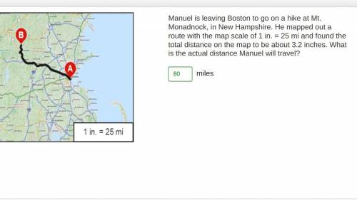 A route from point A to point B. 1 inch on the map equals 25 miles.

Manuel is leaving Boston to go