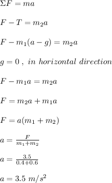 \Sigma F = ma\\\\F - T = m_2a\\\\F - m_1(a -g)= m_2a\\\\g = 0 \ , \ in  \ horizontal \ direction\\\\F - m_1a = m_2 a\\\\F = m_2 a + m_1 a\\\\F = a(m_1 + m_2)\\\\a = \frac{F}{m_1 + m_2} \\\\a = \frac{3.5 }{0.4 + 0.6} \\\\a = 3.5 \ m/s^2