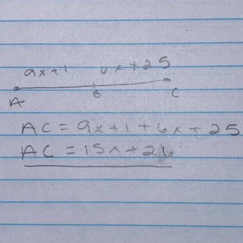B is the midpoint of AC

А
B
C
If:
AB=9x + 1 and
BC = 6x + 25
Find AC.
AC =