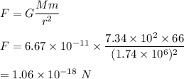 F=G\dfrac{Mm}{r^2}\\\\F=6.67\times 10^{-11}\times \dfrac{7.34\times 10^2\times 66}{(1.74\times 10^6)^2}\\\\=1.06\times 10^{-18}\ N