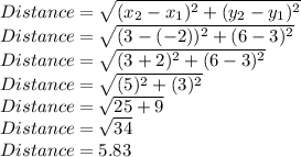 Distance=\sqrt{(x_2-x_1)^2+(y_2-y_1)^2}\\Distance=\sqrt{(3-(-2))^2+(6-3)^2}\\Distance=\sqrt{(3+2)^2+(6-3)^2}\\Distance=\sqrt{(5)^2+(3)^2}\\Distance=\sqrt{25+9}\\Distance=\sqrt{34}\\Distance = 5.83