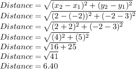 Distance=\sqrt{(x_2-x_1)^2+(y_2-y_1)^2}\\Distance=\sqrt{(2-(-2))^2+(-2-3)^2}\\Distance=\sqrt{(2+2)^2+(-2-3)^2}\\Distance=\sqrt{(4)^2+(5)^2}\\Distance=\sqrt{16+25}\\Distance=\sqrt{41} \\Distance=6.40