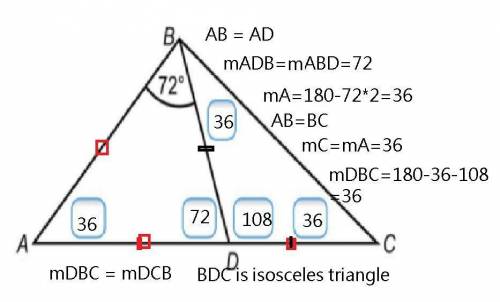 ABC is an isosceles triangle with BA=BC

D lies on AC
ABD is an isosceles triangle with AB=AD
Angle