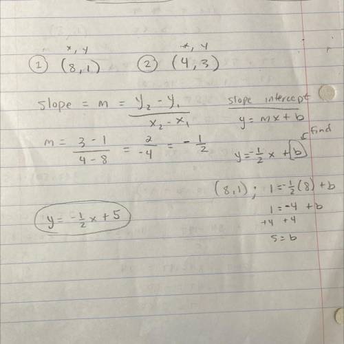 Write an equation in slope-intercept form for the line that passes through (8,1) and (4,3)

.
y=−2x+
