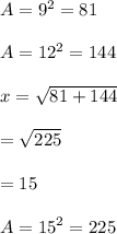 A =  {9}^{2}  = 81 \\  \\ A =  {12}^{2}  = 144 \\  \\ x =  \sqrt{81 + 144}  \\  \\  =  \sqrt{225}  \\ \\   = 15\\\\A =  {15}^{2}  = 225