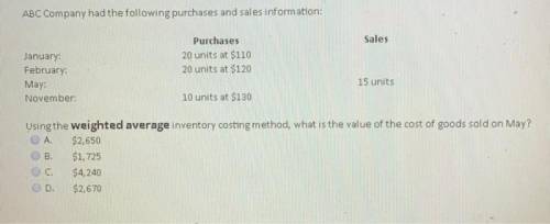 PuLL M5 ucides diu Sdles Omalom

SalesPurchases20 units at $11020 units at $120January:February:May: