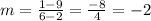 m = \frac{1 - 9}{6 -2} = \frac{-8}{4} = -2