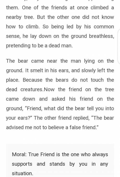 Construct a readable story. Give a title and moral as well two friends meet a bear one climbs a tree