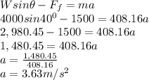 Wsin \theta - F_f = ma\\4000sin40^0 - 1500 = 408.16a\\2,980.45 - 1500 = 408.16a\\1,480.45 = 408.16a\\a = \frac{1,480.45}{408.16} \\a = 3.63m/s^2