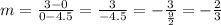m =  \frac{3 - 0}{0 - 4.5}  =  \frac{3}{ - 4.5}  =  -  \frac{3}{ \frac{9}{2} }  =  -  \frac{2}{3}