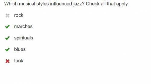 2

TIME REN
441
Which musical styles influenced jazz? Check all that apply,
rock
marches
spirituals