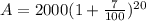 A=2000(1+\frac{7}{100})^{20}