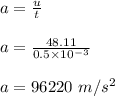a = \frac{u}{t} \\\\a = \frac{48.11}{0.5\times 10^{-3}} \\\\a = 96220 \ m/s^2\\\\