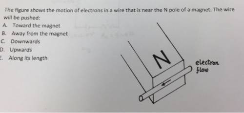 The figure shows the motion of electrons in a wire which is near the North pole of a magnet. The wir