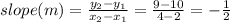 slope(m) = \frac{y_2 - y_1}{x_2 - x_1} = \frac{9 - 10}{4 - 2} = -\frac{1}{2}