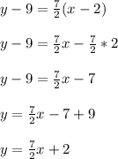 y - 9 = \frac{7}{2}(x- 2)\\\\y - 9 = \frac{7}{2}x - \frac{7}{2}*2\\\\y -9 = \frac{7}{2}x - 7\\\\y = \frac{7}{2}x - 7 + 9\\\\y = \frac{7}{2}x + 2