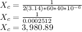 X_c = \frac{1}{2(3.14)*60*40*10^{-6}}\\X_c =  \frac{1}{0.0002512}\\X_c = 3,980.89