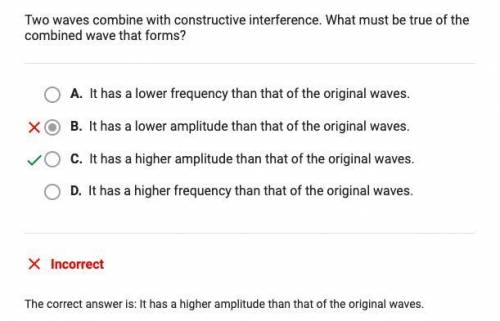 Two waves combine with destructive interference. What must be true of the

combined wave that forms?