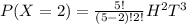 P(X=2) = \frac{5!}{(5-2)!2!} H^2T^3
