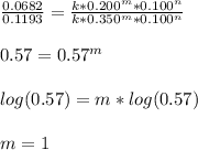 \frac{0.0682}{0.1193}=\frac{k*0.200^m*0.100^n}{k*0.350^m*0.100^n}\\\\0.57=0.57^m\\\\log(0.57)=m*log(0.57)\\\\m=1