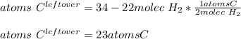 atoms \ C^{left over}=34-22molec\ H_2*\frac{1atoms C}{2molec\ H_2} \\\\atoms \ C^{left over}=23 atoms C
