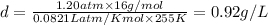 d=\frac{1.20atm\times 16g/mol}{0.0821Latm/Kmol\times 255K}=0.92g/L