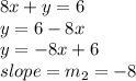8x+y=6\\&#10;y=6-8x\\&#10;y=-8x+6\\&#10;slope = m_2 = -8