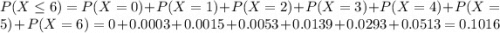 P(X \leq 6) = P(X = 0) + P(X = 1) + P(X = 2) + P(X = 3) + P(X = 4) + P(X = 5) + P(X = 6) = 0 + 0.0003 + 0.0015 + 0.0053 + 0.0139 + 0.0293 + 0.0513 = 0.1016