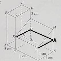 Diagram shows the composite solid formed by a cuboid and a right prism. Trapezium LMNP is the unifor
