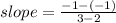 slope=\frac{-1-(-1)}{3-2}
