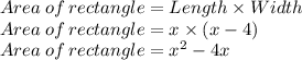 Area\: of\: rectangle=Length \times Width\\Area\: of\: rectangle=x \times (x-4)\\Area\: of\: rectangle=x^2-4x