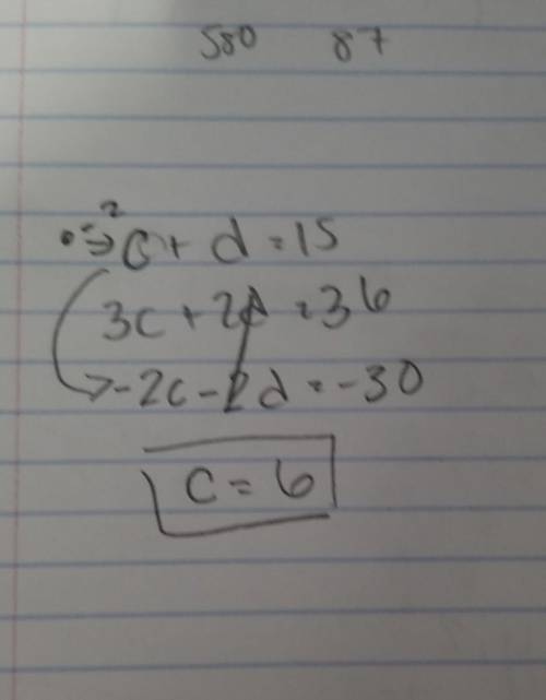 Solve for c c+d=15 3c+2d=36Need help RIGHT NOW will mark brainliest