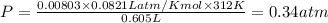 P=\frac{0.00803\times 0.0821 L atm/K mol\times 312K}{0.605L}=0.34atm