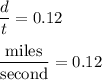 \dfrac{d}{t}=0.12\\\\\dfrac{\text{miles}}{\text{second}}=0.12