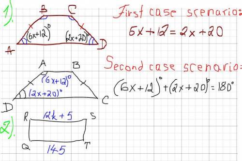 1. ABCD is an isosceles trapezoid. m < A = 6x + 12 and m < d = 2x + 20. Angles B&C are con