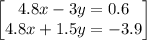 \begin{bmatrix}4.8x-3y=0.6\\ 4.8x+1.5y=-3.9\end{bmatrix}