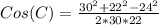 Cos(C) = \frac{30^2 + 22^2 - 24^2}{2*30*22}