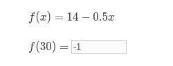 F(x)=14−0.5xf, left parenthesis, x, right parenthesis, equals, 14, minus, 0, point, 5, x

f(30)=f(30