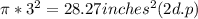 \pi*3^2=28.27 inches^2 (2 d.p)
