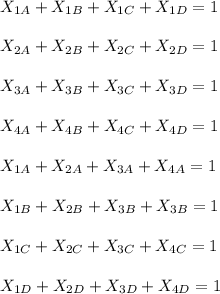 X_{1A} +X_{1B}+X_{1C}+X_{1D}=1\\\\X_{2A} +X_{2B}+X_{2C}+X_{2D}=1\\\\X_{3A} +X_{3B}+X_{3C}+X_{3D}=1\\\\X_{4A} +X_{4B}+X_{4C}+X_{4D}=1\\\\X_{1A} +X_{2A}+X_{3A}+X_{4A}=1\\\\X_{1B} +X_{2B}+X_{3B}+X_{3B}=1\\\\X_{1C} +X_{2C}+X_{3C}+X_{4C}=1\\\\X_{1D} +X_{2D}+X_{3D}+X_{4D}=1