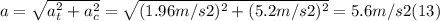 a = \sqrt{a_{t} ^{2} + a_{c} ^{2} } = \sqrt{(1.96m/s2)^{2} +(5.2m/s2)^{2} } = 5.6 m/s2 (13)