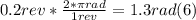 0.2 rev*\frac{2*\pi rad}{1 rev} = 1.3 rad (6)
