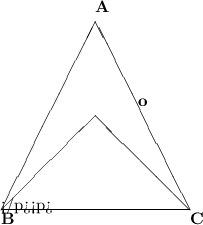 \setlength{\unitlength}{1 cm}\begin{picture}(12,12)\put(0,0){\line(1,0){4}}\put(4,0){\line(-1,2){2}}\put(0,0.001){\line(1,2){2}}\put(0,0.01){\line(1,1){2}}\put(3.99,0){\line(-1,1){2}}\put(0,-0.3){$\bf B $}\put(4,-0.3){$\bf C$}\put(2,4.2){$\bf A$}\put(1.8,2.2){$\bf o$}\end{picture}