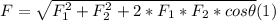 F =\sqrt{F_{1} ^{2} +F_{2} ^{2}  + 2*F_{1} * F_{2} * cos \theta} (1)