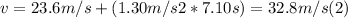 v = 23.6 m/s + (1.30 m/s2 * 7.10 s) = 32. 8 m/s (2)