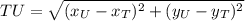 TU = \sqrt{(x_{U}-x_{T})^{2}+(y_{U}-y_{T})^{2}}