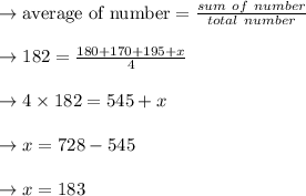\to \text{average of number}=\frac{sum \ of \ number}{total\ number}\\\\\to 182 =\frac{180+170+195+x}{4}\\\\\to 4 \times 182 =545+x\\\\\to x= 728-545\\\\\to x=183
