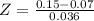 Z = \frac{0.15 - 0.07}{0.036}